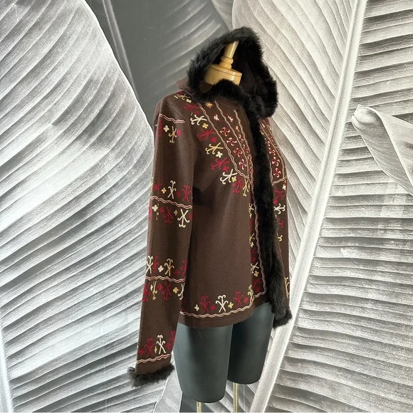 Bohemian Boho L Sweater Cardigan Shacket Merino Wool Rabbit Fut Brown Red Gold - Picture 6 of 16